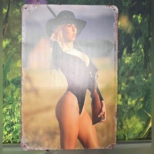 Chic Woman in Black Hat W Rifle Metal Wall Art